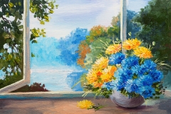 Bouquet of spring flowers on a table near the window, oil painting